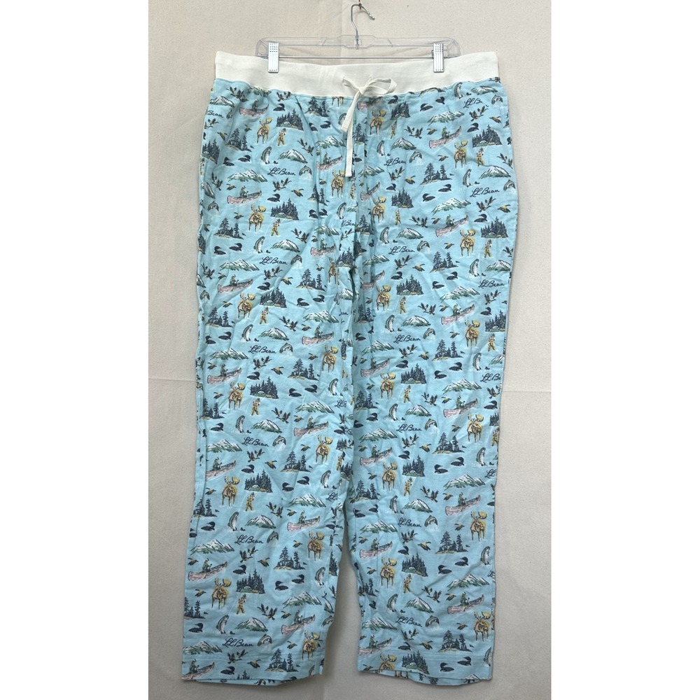 LL Bean Wilderness Cabin Moose Canoe Fishing Blue Cotton Pajama Pants Womens XL